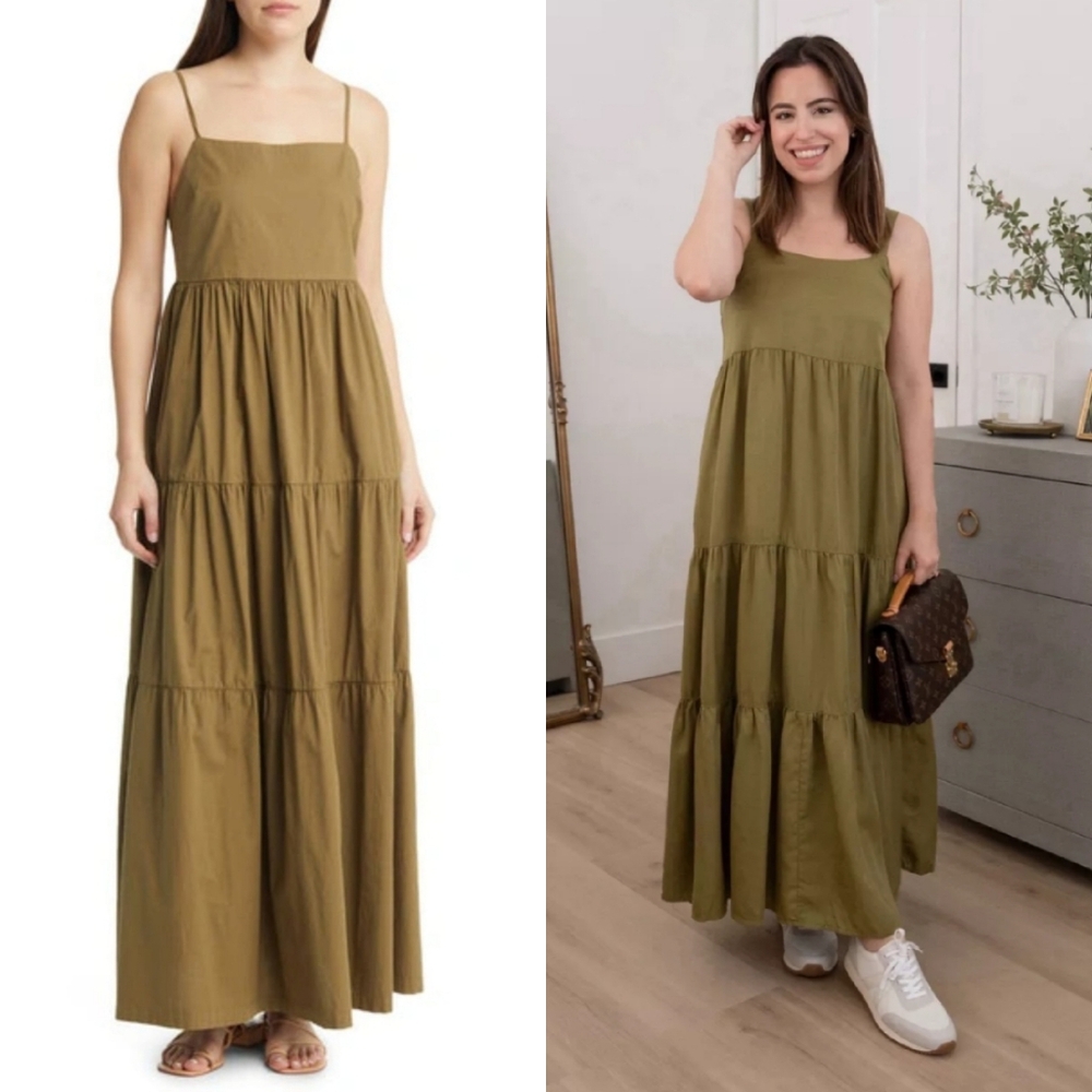Monrow Poplin Tiered Maxi Dress In Verde Green Medium